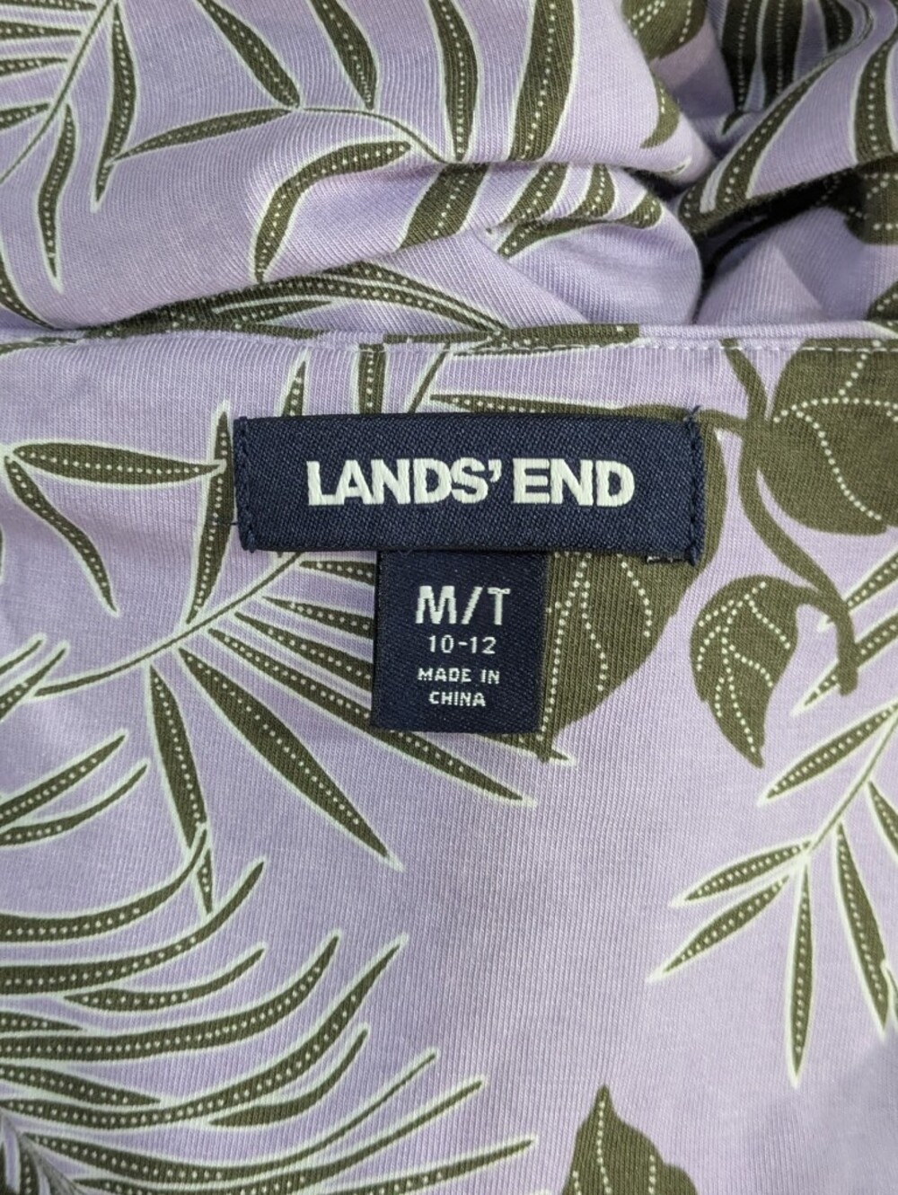 Lands' End Purple & Green Leaf Print Faux Wrap Dress - Size Medium Tall 10-12 - Picture 5 of 5